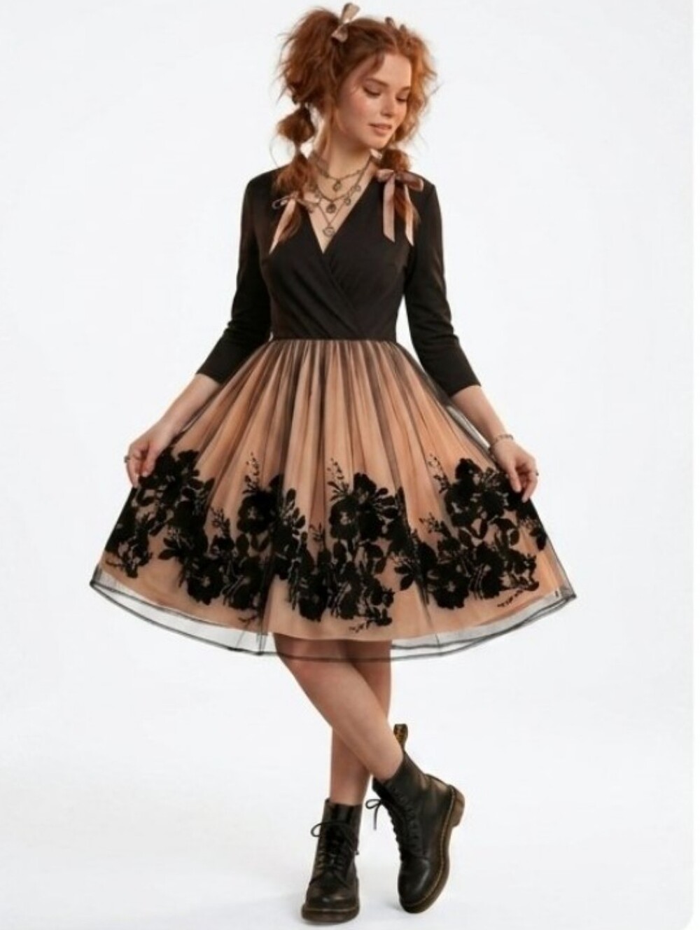 Sheer Overlay Velvet Floral Nude 3/4th Sleeve Mini Dress Whimsigoth Romantic